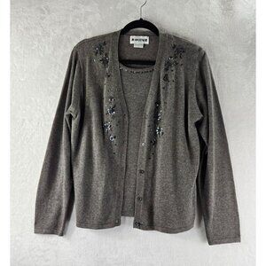 Beaded Sequined Sweater Top Faux Twinset szL Gray Joan Leslie 80s VTG One Piece